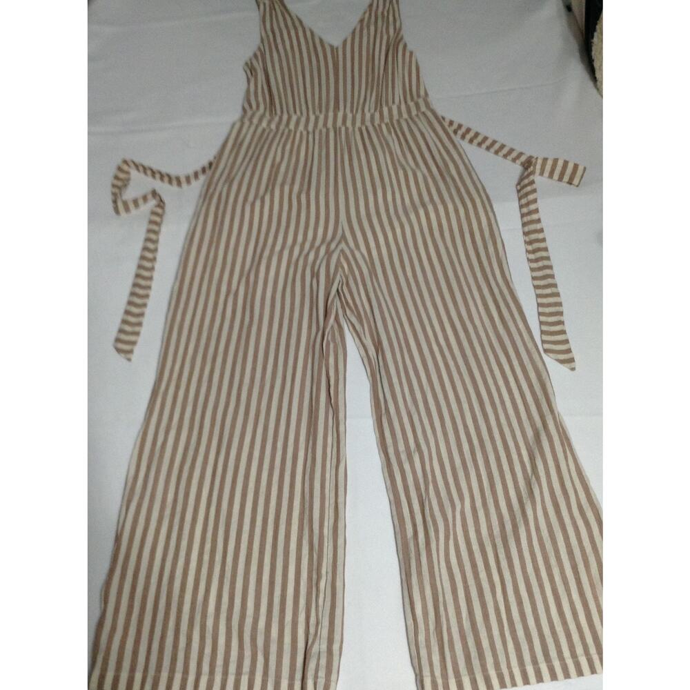 Hem & Thread Striped Wide Leg Jumpsuit Womens Boho Tan White Rayon Lined Small - Picture 2 of 11